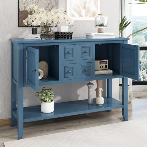 P PURLOVE Console Table Buffet Sideboard Sofa Table with Drawers Cabinets and Bottom Shelf (Light Navy) - color: Light Navy