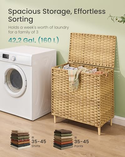 SONGMICS 3-Section Laundry Hamper with Lid, 42.2 Gal (160L) PE Rattan Laundry Basket with Removable Washable Liners, for Bedroom & Living Room, Goose Yellow ULCB223YE01 - color: Goose Yellow, size: 160 L (3 Basket)
