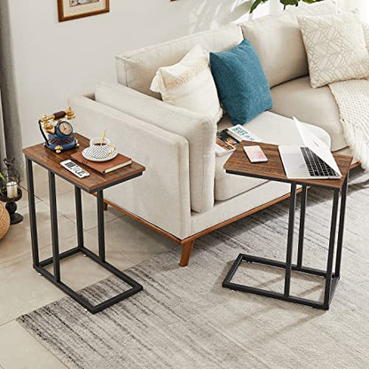 VECELO Universal C-Shaped Side Table, Multi-Functional Snack & TV Tray for Living Room, Bedroom, Brown (2 Set) - color: Brown, size: 2 Set