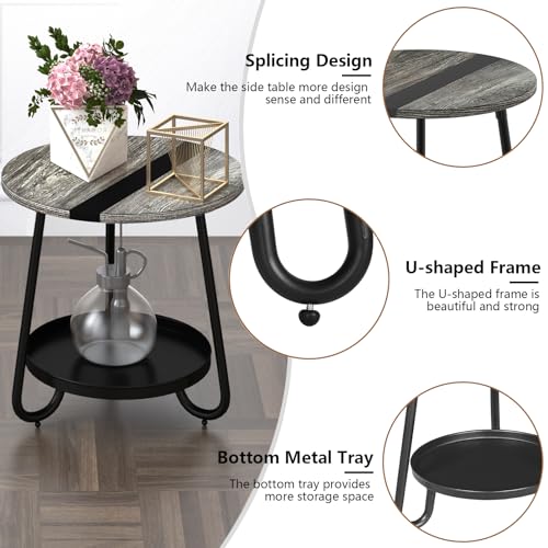 2 Tier Coffee Table in Living Room, Industrial Style Round Coffee Table with Metal Tray, Wood Small Outdoor Coffee Table for Bedroom Balcony Patio, Gray - color: Grey