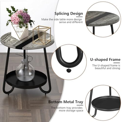 2 Tier Coffee Table in Living Room, Industrial Style Round Coffee Table with Metal Tray, Wood Small Outdoor Coffee Table for Bedroom Balcony Patio, Gray - color: Grey