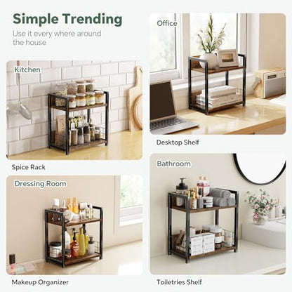 Simple Trending Countertop Shelf Organizer, 2 Tier Kitchen Spice Rack, Coffee Bar Station Storage, for Kitchen Cabinet Bathroom Living Room, Brown, M