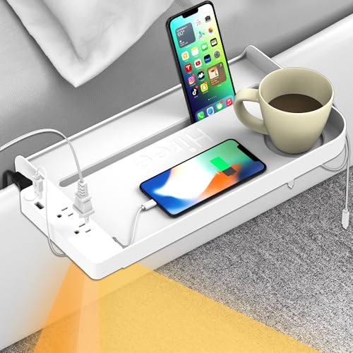 Hiree Bedside Shelf for Dorm Bunk Bed with USB Charging Port and 2 AC Outlets, Bedside Caddy, Bunk Bed Extender, Attachable Bedside Table, College Dorm Essential Clip On Bedside Tray, Plus Size, White - color: White
