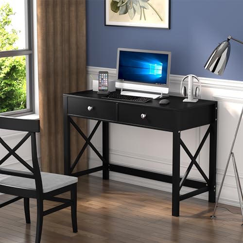 WiberWi Home Office Desk with Drawers, Modern Writing Computer Desk for Bedroom, Small Makeup Vanity Table Study Table for Home Office,Black - color: Black