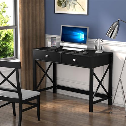 WiberWi Home Office Desk with Drawers, Modern Writing Computer Desk for Bedroom, Small Makeup Vanity Table Study Table for Home Office,Black - color: Black