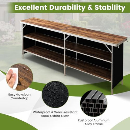COSTWAY 81" Folding Picnic Table, Portable Bar Table with Carry Bag | Lightweight Aluminum Food Prep Station with 2 Shelves, Quick Set-up, BBQ, Party, Backyard, Brown - color: Brown, size: 81"W x 32.5"H