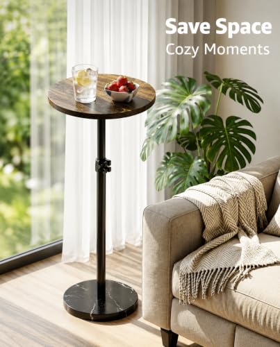 Adjustable Drink Table Marble Base, Small Round Side Table, Pedestal Side Table for Small Spaces in Living Room, Bedroom, Sofa Couch, Brown & Black