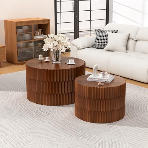 Round Nesting Coffee Table Set of 2 Modern Fluted Coffee Table Walnut Round End Table Small Side Table Circular Coffee Tables Circle Nested Coffee Tables for Living Room (Brown Large) - color: Brown Large