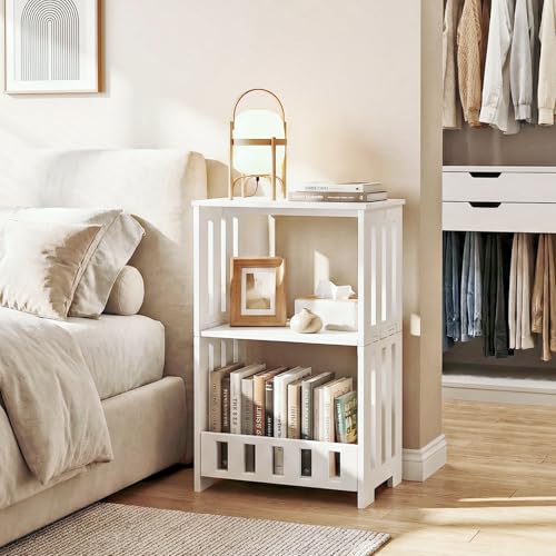 HAYOFAMY 3 Tier Side Table Night Stand White | Narrow End Table, Small Bookcase Bookshelf, Simple Bedside Table Storage Rack for Bedroom, Living Room, Office, Bathroom