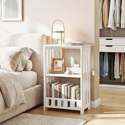 HAYOFAMY 3 Tier Side Table Night Stand White | Narrow End Table, Small Bookcase Bookshelf, Simple Bedside Table Storage Rack for Bedroom, Living Room, Office, Bathroom