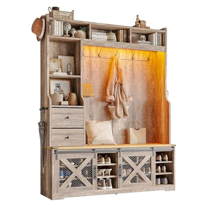 AMERLIFE 75"H 7-in-1 Farmhouse Hall Tree with Bench and shoe storage, LED Entryway Bench with Coat Rack, 12 Shoe Cubbies, 2 Drawers, Barn Doors & Adjustable Shelf, Mudroom Hallway Cabinet, Rustic Grey - color: Rustic Grey