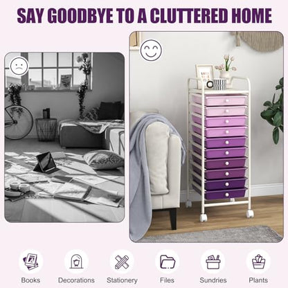 DREAMADE Rolling Cart with Storage Drawers, Utility Cart w/Removable Plastic Drawers, Lockable Wheels, Art Cart for Classroom Organization Art Supplies Office Scrapbook (10 Drawers, Gradient Purple) - color: Gradient Purple, style: 10 Drawers