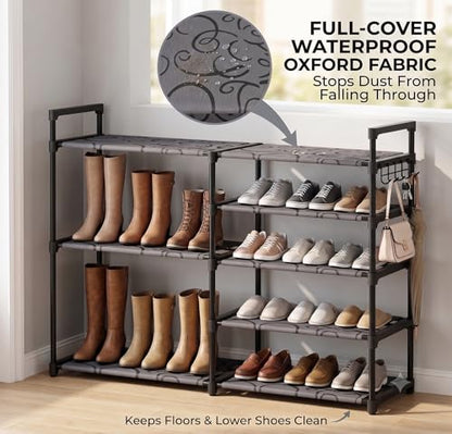 5 Tier Shoe Rack Black Tubes Shoe Rack with Oxford Fabric Lightweight Shoes Storage with Hooks Sturdy Vertical Shoe Rack Keep Dirt from Falling for Closet Entryway Garage-Easy to Assemble