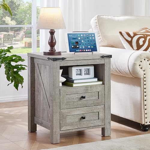 Joaxswe Nightstand with Charging Station and USB Port, Farmhouse Night Stand with 2 Drawers and Shelf Storage, Wooden Side End Table, Bedside Cabinet for Bedroom, Living Room, Closet,Office (Grey) - color: Grey, size: 1 pack