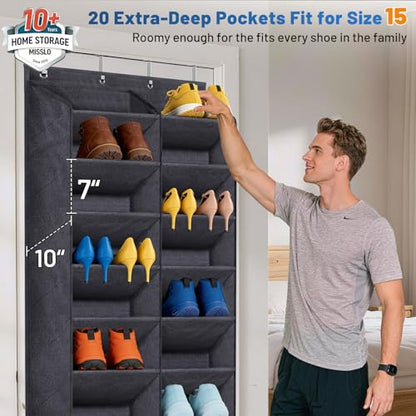 MISSLO 30-40 Pairs Over the Door Shoe Organizer for Closet 20 Extra Large Deep Pockets Hanging Shoe Rack for Door 10-Tier Heavy Duty Shoes Storage Hanger Fits Size 15 Sneakers, Boots, Heels, Black