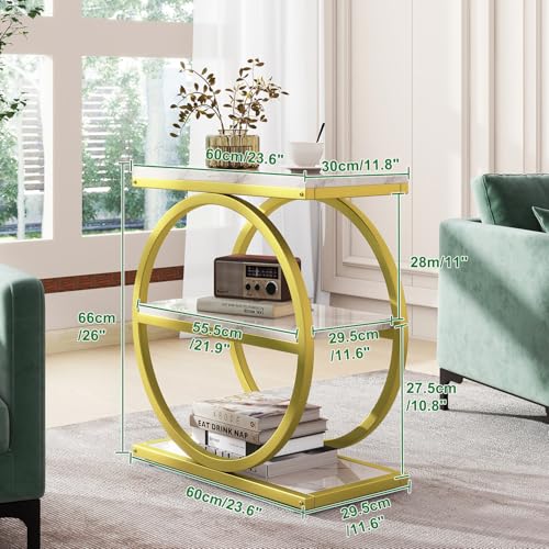 IBUYKE Narrow End Table with 3 Storage Shelves, Industrial Sofa Side Table, Double Round Metal Frames, Slim Nightstand and Bedside Table for Bedroom, Living Room, White with Gold UTMJ418G - color: White With Gold