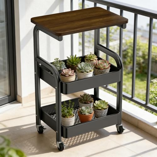 Multi-Purpose 3 Tier Rolling Cart with Walnut Table Top, Metal Utility Storage Cart with Lockable Wheels for Kitchen, Bathroom, Coffee Bar and Daily Organizing