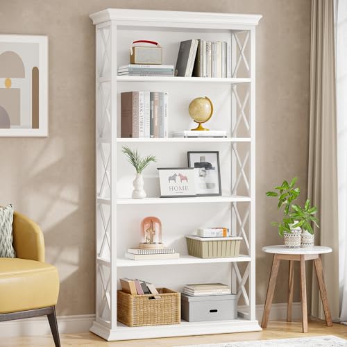 Tribesigns 6-Tier Bookcase, 71 Inches Industrial Bookshelves and Bookcases | Freestanding 5 Shelf Storage Shelves, Wood and Metal, Tall Bookcase for Home Office, Living Room, Bed Room, White - color: All White, size: 1