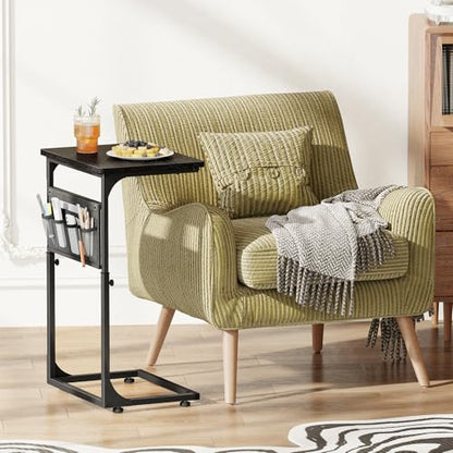 Fixwal C Shaped Side Table Adjustable Height End Table for Couch Small Sofa Table TV Tray with Storage Bag for Living Room, Bedroom & Office, Black - color: Black, style: Wide Board