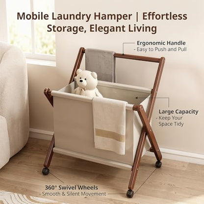 Foldable laundry cart with X-Frame – Small Bamboo wood laundry hamper | laundry basket on wheels Bathroom, RV, Dorm Collapsible Space Saving Clothes Hamper with Removable Cotton Liner