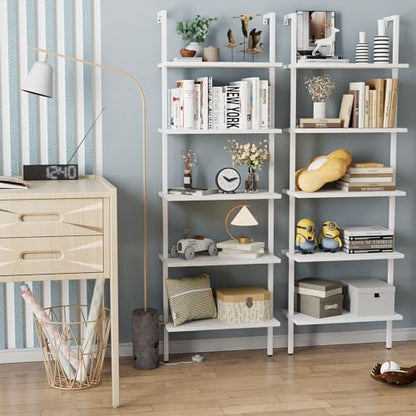 aboxoo Ladder Shelf White Wooden Bookshelf 5-Tier Wall-Mounted Open Wood Rack Industrial Modern Plant Flower Stand Utility Organizer Bookcase Metal Frame Furniture Office Kitchen Bedroom - color: White Wood 5-tier, size: 1PC