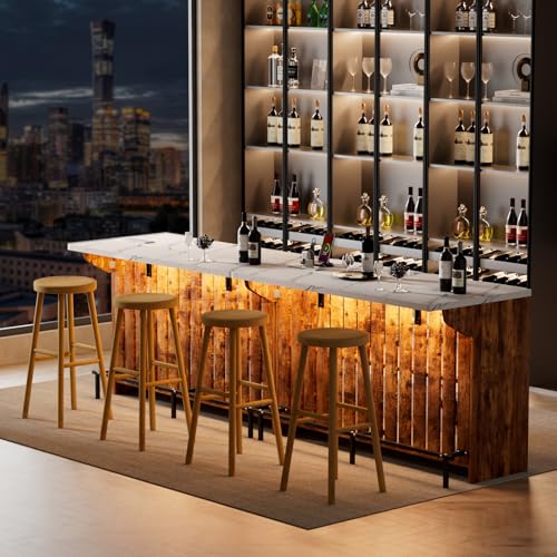 Home Bar Unit with LED Lights and Charging Station, Imitation Marble Mini Coffee Bar Pub Table with 2-Tier Storage, Footrest, Drop Leaf Kitchen Islands for Dining Room, Bistro, Living Room