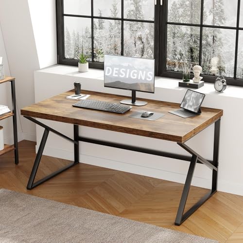 HSH Rustic Brown Desk, Industrial Home Office Computer Desk, Farmhouse Metal and Wood Computer Table, Simple Bedroom Laptop PC Desk for Student Writing Study Gaming Executive Workstation, 55 in - color: Rustic Brown, size: 55 Inch