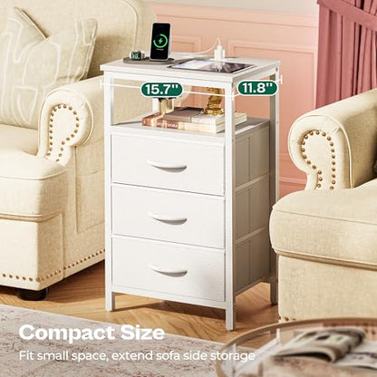 Huuger Night Stand with Charger Station and LED Lights, 3 Drawer Nightstand, Bed Side Table with Open Shelf, End Table, Tall Fabric Dresser for Bedroom, PU Leather, White - color: White, size: 11.8"D x 15.7"W x 27.6"H（3 Drawers）