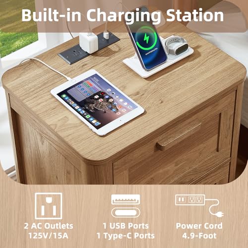 Joaxswe Farmhouse Nightstand with Charging Station, End Tables Bedroom with 2 Large Drawers & 4 Thickened Table Legs, Brown - color: Brown, size: 16"D x 19.7"W x 23.6"H (2 Drawers)