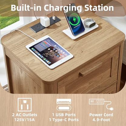 Joaxswe Farmhouse Nightstand with Charging Station, End Tables Bedroom with 2 Large Drawers & 4 Thickened Table Legs, Brown - color: Brown, size: 16"D x 19.7"W x 23.6"H (2 Drawers)