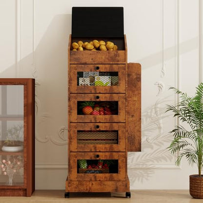 ARTETHYS Potato Storage Bin 5-Tier Rolling Bread Box Cabinet with Side Rack | Onion Keeper with Spice Rack on Wheels, Movable Fruit & Vegetable Container with 4 Ventilated Drawers for Kitchen, Rustic - color: Rustic