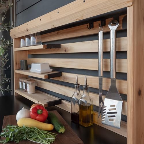 Backyard Discovery 48" Cedar Wood Buffet Hutch Serving Station with Galvanized Steel Countertop, Wine Rack, Wine Glass Rack, Trash Bin, Modular Shelves, Towel Bar, Drink and Food Prep, Indoor/Outdoor - style: With Decorative Shelves and Steel Countertop