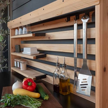 Backyard Discovery 48" Cedar Wood Buffet Hutch Serving Station with Galvanized Steel Countertop, Wine Rack, Wine Glass Rack, Trash Bin, Modular Shelves, Towel Bar, Drink and Food Prep, Indoor/Outdoor - style: With Decorative Shelves and Steel Countertop