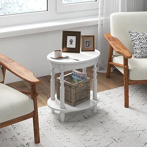 Giantex Oval End Tables Set of 2, 2-Tier Side Tables with Storage Shelf & Solid Wood Legs, Modern Living Room Accent Table, Wood Nightstand for Bedroom, Small Space, 20.5"L x 15.5"D x 24.5"H, White - color: White