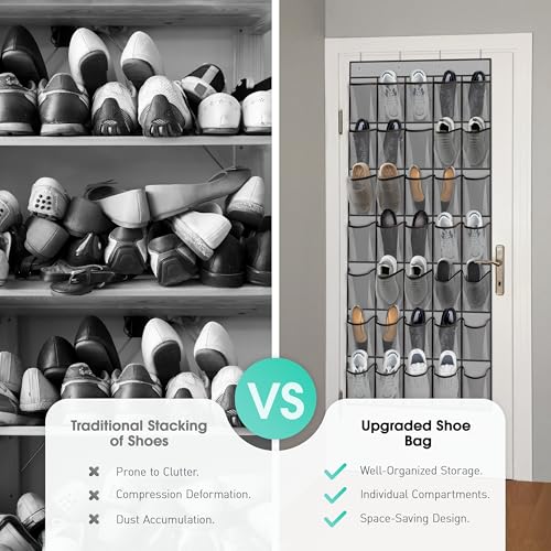 WVM Over the Door Shoe Organizer with 35 Breathable Mesh Pockets, Hanging Shoe Organizer for Door with 4 Metal Hooks, Large Capacity Closet Storage for Shoes, Accessories, Grey - style: Grey