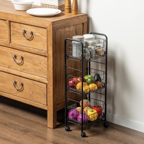 MyGift 3-Tier Rolling Metal Wire Fruit and Vegetable Basket Cart – Industrial Matte Black Kitchen Produce Storage Rack Stand with Wheels for Pantry and Countertop Organization