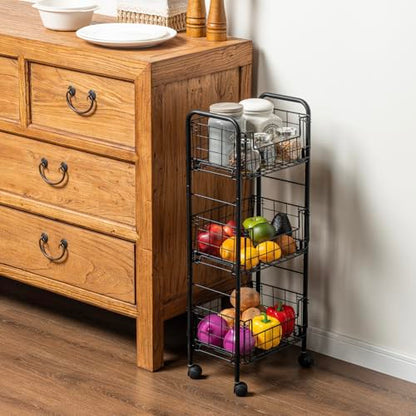 MyGift 3-Tier Rolling Metal Wire Fruit and Vegetable Basket Cart – Industrial Matte Black Kitchen Produce Storage Rack Stand with Wheels for Pantry and Countertop Organization