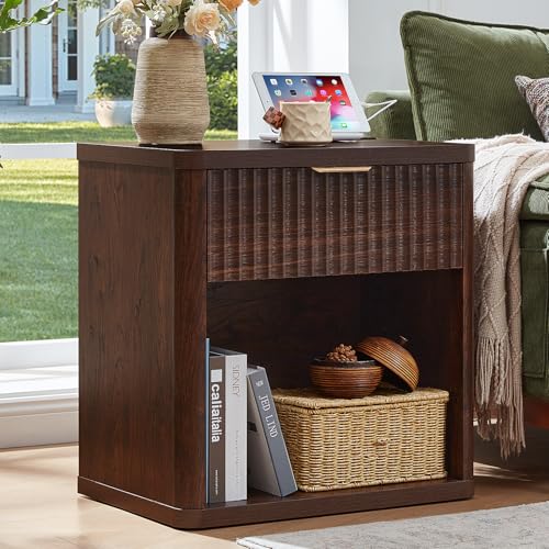 LEYAOYAO Fluted Nightstand with Charging Station, 23" Wide 1 Drawers Night Stand,Walnut End Table with Open Storage,Farmhouse Bed Side Tables, Wood Dresser for Bedroom, Living Room, Closet - color: Walnut, size: 1 Drawers