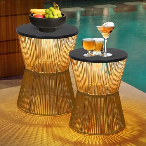 HMVPL Solar Outdoor Side Table with Dimmable Light, Patio Side Tables for Outside, Round Outdoor End Tables Set of 2, Plastic Rattan Patio End Accent Table for Poolside Backyard Gazebo, Dusk to Dawn