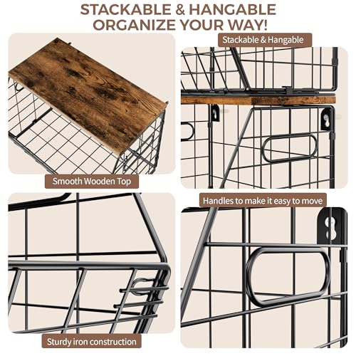 Delamu Stackable Metal Fruit Basket with Wood Lid 3 Pack, Hanging Wall Organizer for Kitchen Counter, Pantry Storage for Onions, Potatoes, Garli, Fruits, Spices, Black - size: 3 Pack