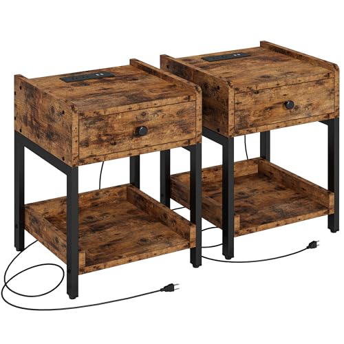 LIKIMIO Nightstand, Set of 2 Bedside Table with Charging Station for Small Space, End Table with Storage Drawer and Shelf for Bedroom and Living Room, Easy Assembly, Stable and Sturdy, Vintage Brown