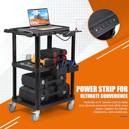 ELAFROS Heavy Duty 3-Tier AV Cart with Power Strip, 27.5 x 18.25 Inch, Industrial Plastic, 330 lbs Capacity, Flat Top Shelves with Swivel Wheels – Multipurpose Rolling cart - style: With Power Strip
