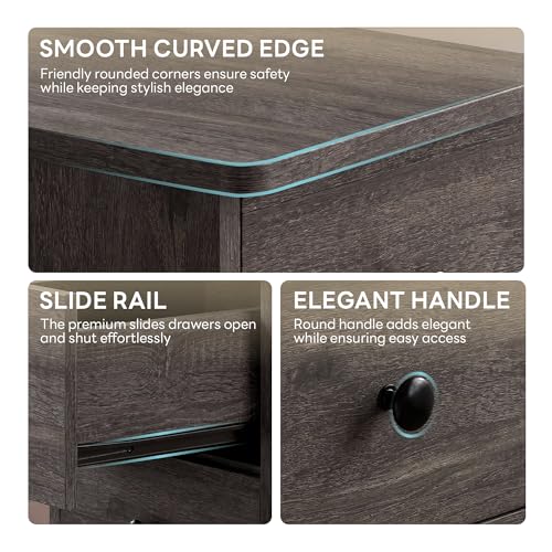LIKIMIO Nightstand with Charging Station, 3 Drawers Modern for Bedroom - color: Charcoal Grey