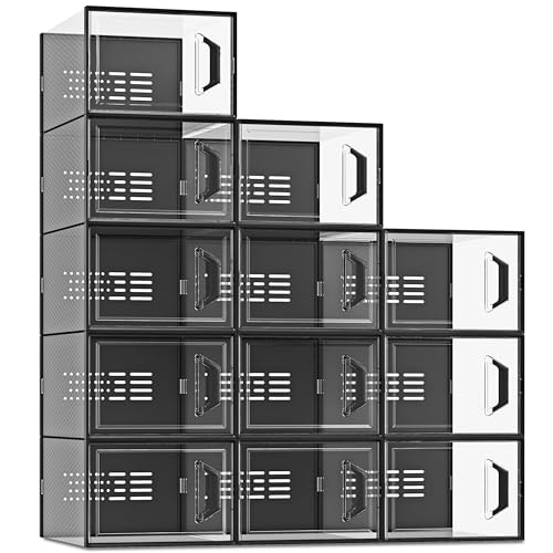 SEE SPRING X-Large Shoe Storage Box Fit Size 11, Clear Plastic Stackable Shoe Organizer for Closet, Space Saving Sneaker Shoe Rack Containers Bins Holders for Entryway, Under Bed, 12 Pack Black - color: Black, size: X-Large Fit Size 11