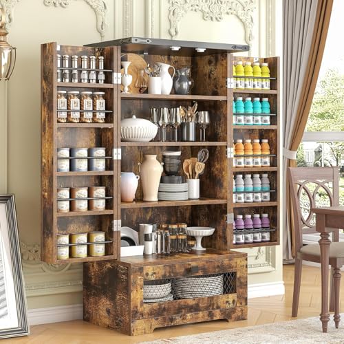 kepptory Farmhouse Pantry Cabinet with Barn Door & Adjustable Shelves, Freestanding Kitchen Storage Cabinet for Dining Room, Bathroom, Hallway (Brown) - color: Brown, size: 16"D x 24"W x 47"H