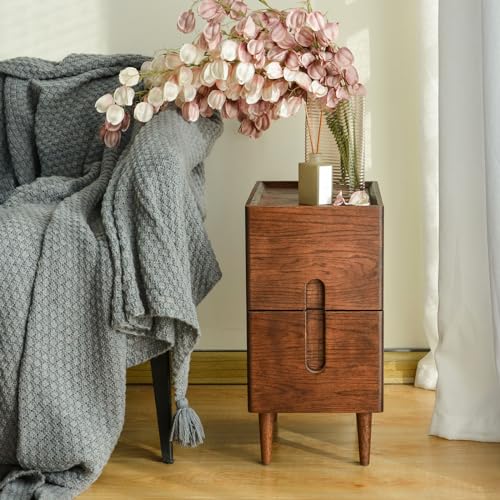 Mid Century Modern Nightstand, Narrow Nightstand, Minimalist Side Table for Bedroom, 2-Drawer Bedside Tables (Walnut, 9.84inches) - color: Walnut, size: 9.84inches