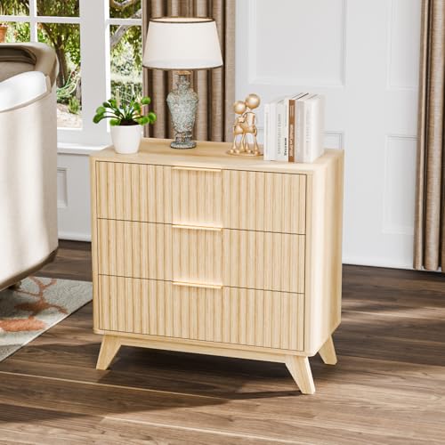 VINGLI Fluted Wood Nightstand 3 Drawer, 31.5" W Mid Century Modern Nightstand Tall, Fluted Bedside Table, End Table, Night Stand for Bedroom, Oak, 31.5" W*15.96" D*29.72" H - color: Oak, size: 31.5"W-3 Drawer