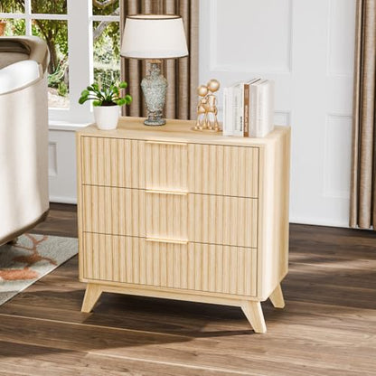 VINGLI Fluted Wood Nightstand 3 Drawer, 31.5" W Mid Century Modern Nightstand Tall, Fluted Bedside Table, End Table, Night Stand for Bedroom, Oak, 31.5" W*15.96" D*29.72" H - color: Oak, size: 31.5"W-3 Drawer