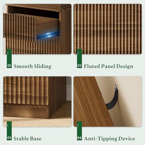 Xixini Nightstand with Charging Station and RGB LED Lights, Fluted 3-Drawer Bedside Table with Sliding Top, Wooden End Table for Bedroom, Living Room, Walnut - color: Walnut