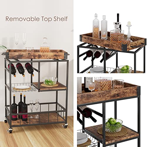 Bar Cart with Basket 3 Tiers Home Rolling Wine Rack with Wheels Mobile Kitchen Industrial Vintage Style Wood Metal Serving Trolley Serving Cart,Glass Holder Bar Cabinet - size: Rustic Brown, style: With Basket